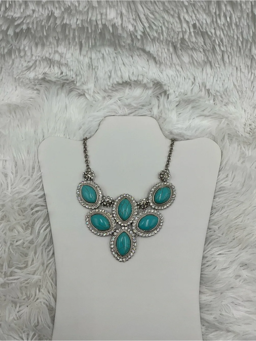 Turquoise Cabochons Statement Bib Necklace Silver Tone Rhinestone